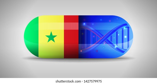 Illustration of the national pharmaceuticals of Senegal. Drug production in Senegal. National flag of Senegal on capsule with gene