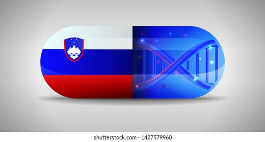 Illustration of the national pharmaceuticals of Slovenia. Drug production in Slovenia. National flag of Slovenia on capsule with gene