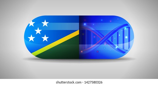 Illustration of the national pharmaceuticals of Solomon Islands. Drug production in Solomon Islands. National flag of Solomon Islands on capsule with gene