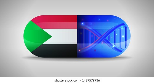 Illustration of the national pharmaceuticals of Sudan. Drug production in Sudan. National flag of Sudan on capsule with gene