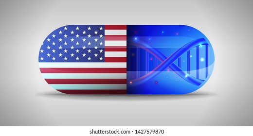 Illustration of the national pharmaceuticals of USA. Drug production in USA. National flag of USA on capsule with gene