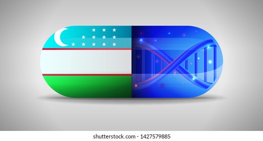 Illustration of the national pharmaceuticals of Uzbekistan. Drug production in Uzbekistan. National flag of Uzbekistan on capsule with gene