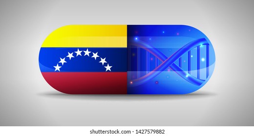 Illustration of the national pharmaceuticals of Venezuela. Drug production in Venezuela. National flag of Venezuela on capsule with gene