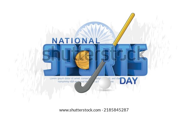 illustration of National Sports day,  which is
celebrated on the birth anniversary of Major Dhyan Chand and Indian
flag on Hockey stick and
ball