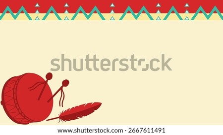 illustration for Native American Day featuring a traditional drum, feather, and tribal border pattern in red and turquoise tones. Ideal for cultural posters, greeting cards, and event invitations.