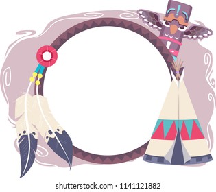 Illustration of Native American Frame Design with a Tipi, Totem Pole and Feathers