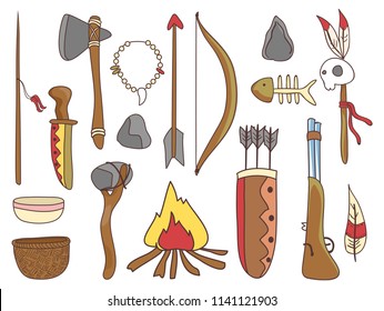 Illustration of Native American Hand Tools from Spears, Bow, Arrow, Stone, Basket and Knife
