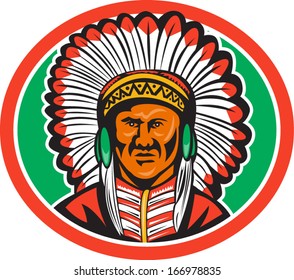 Illustration of a native american indian chief looking from front set inside circle done in retro style on isolated white background.