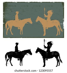 Illustration Of Native American Indian And Cowboy Riding Horse Silhouette, Vector