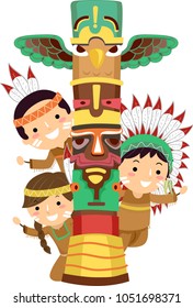Illustration of Native American Indian Kids Peeking Behind a Totem Pole