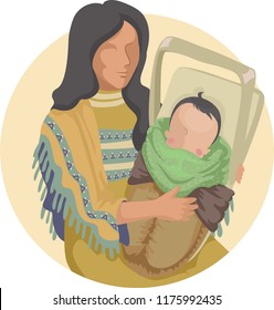 Illustration of a Native American Indian Mother Carrying Her Baby in a Child Carrier. Papoose