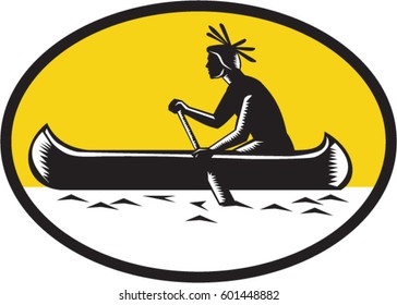 Illustration of a native american indian paddling a canoe viewed from the side set inside oval shape done in retro woodcut style. 