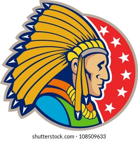 Illustration of a native american indian wearing headgear viewed from side set inside circle with stars.