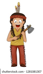 Ilustración de un niño nativo americano sosteniendo una hacha de piedra