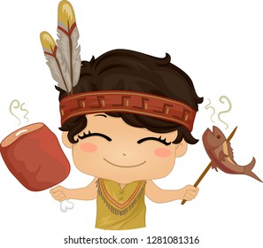 Illustration of a Native American Kid Boy Holding Cooked Meat and Fish