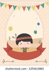 Illustration of a Native American Kid Boy Birthday Invitation Design with Flags, Balloons and Ribbon