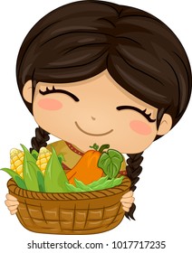 Illustration of a Native American Kid Girl Carrying a Basket of Vegetable Harvest