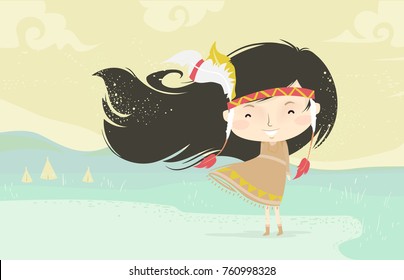 Illustration of a Native American Kid Girl Standing Outdoors with the Wind Flowing