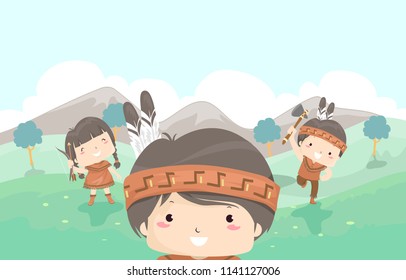 Illustration of Native American Kids Playing Outdoors