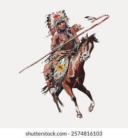 Illustration of a Native American man in traditional attire on horseback, holding a spear. Native American culture, traditional attire, horseback, spear. Vintage art drawing illustration vector.