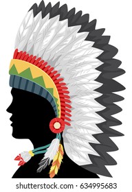 Illustration of a Native American Man Wearing a Headdress Made of Feathers