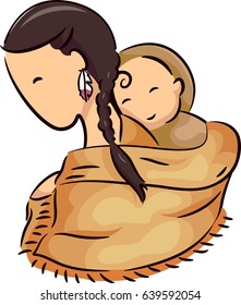 Illustration of a Native American Mom Carrying her Child Using a Sling called Papoose