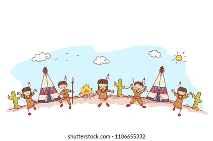 Illustration of Native American Stickman Kids Welcoming People with Teepee, Cactus and Bonfire Behind