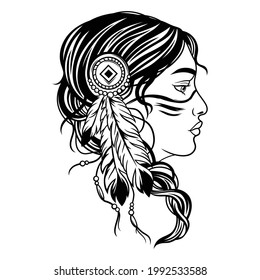 Illustration of Native american woman. Portrait of a beautiful girl with braids. Tribal warrior. Print for t-shirt. Profile of female indian face with feathers.