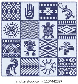 Illustration of Native Americans ethnic patterns and symbols: hand, sun, lizard, frog, bird, turtle, kokopelli. Blue shades.