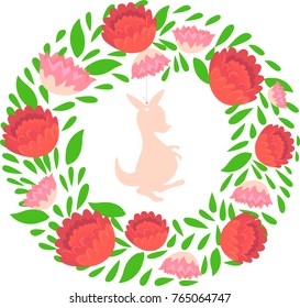 Illustration Of A Native Australian Floral Christmas Wreath With Kangaroo In The Middle. Protea Flowers.