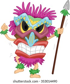 Illustration of a Native Man Carrying a Spear Wearing a Tiki Costume