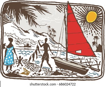 Illustration of native outrigger canoe with sail, and fisherman with family. The drawing is set against a tropical island background in the South Pacific. 