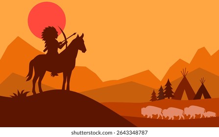 An illustration of Natives American background with flat art style, bisons, apache traditional home, and mountain 