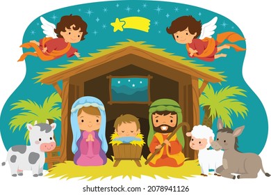 Illustration of the nativity scene with baby Jesus, Mary, and Joseph in Bethlehem, drawn in a cute style for kids. 