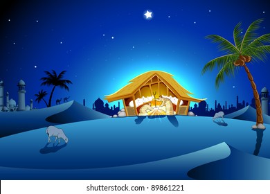 illustration of nativity scene showing birth of Jesus