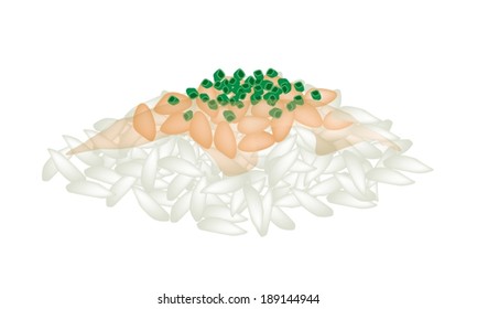 Illustration of Natto Mixed with Spring Onion on Boiled Rice, A Japanese Dish Made By Storing Steamed Fermented Soybeans in Rice Straw.  