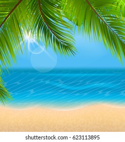 Illustration Natural Background with Palm Leaves and Beach. Template of Poster for Summer Holidays - Vector