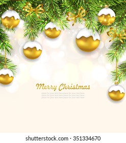 Illustration Natural Christmas Background with Fir Twigs and Glass Balls, Holiday Wallpaper - Vector