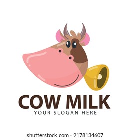 Illustration of natural cow's milk. horned cow head with bells. emblem, logo design