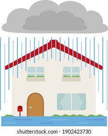 Illustration of natural disasters and homes. A house flooded by torrential rain.