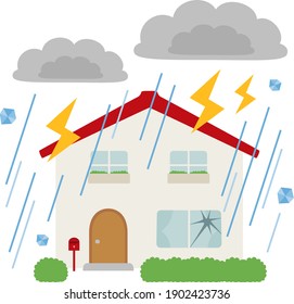 Illustration of natural disasters and homes. A house that suffers from heavy rain and Thunder.