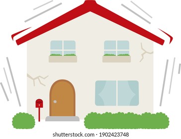 Illustration of natural disasters and homes. A house with cracks on the wall due to the earthquake.