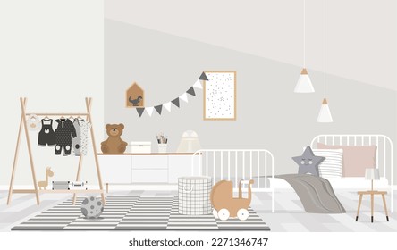 Illustration natural, kids bedroom interior with wooden furniture, designer accessories and posters on a white wall.