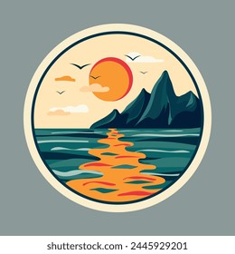 Illustration of a natural landscape against the backdrop of a sunset. Illustration in a white round frame on a gray background. A large, round and bright orange sun is depicted in the sky, its warm hu