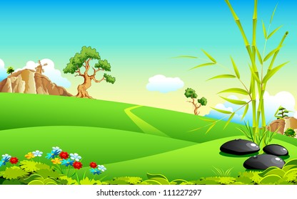 illustration of natural landscape with bamboo tree