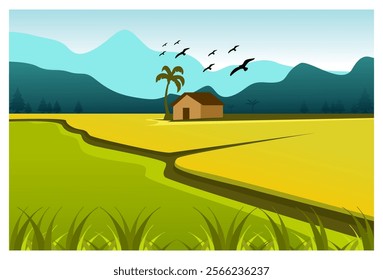 Illustration of a natural landscape in the form of a beautiful expanse of rice fields with a backdrop of mountains under a bright blue sky, complete with coconut trees and birds flying above the hut.