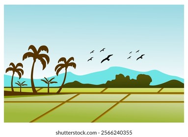 Illustration of a natural landscape in the form of a beautiful expanse of rice fields with a backdrop of mountains under a bright blue sky, complete with coconut and banana trees and flying birds.