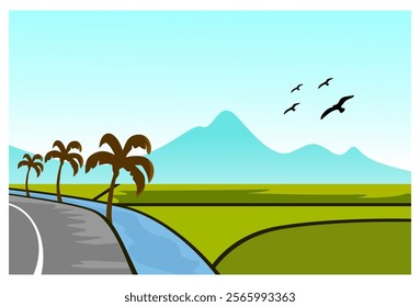 Illustration of a natural landscape of green rice fields and roads and rivers with a mountain background under a bright blue sky, complete with coconut trees and flying birds.