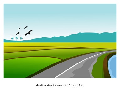 Illustration of a natural landscape of green rice fields and roads and rivers with a background of mountains under a bright blue sky, complete with flying birds.