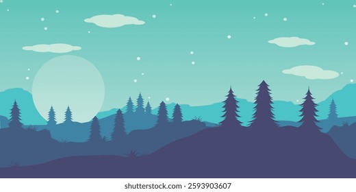 is an illustration of a natural landscape in a minimalist style. The image shows mountains, pine trees, the moon or sun, stars and clouds against a night or twilight sky.